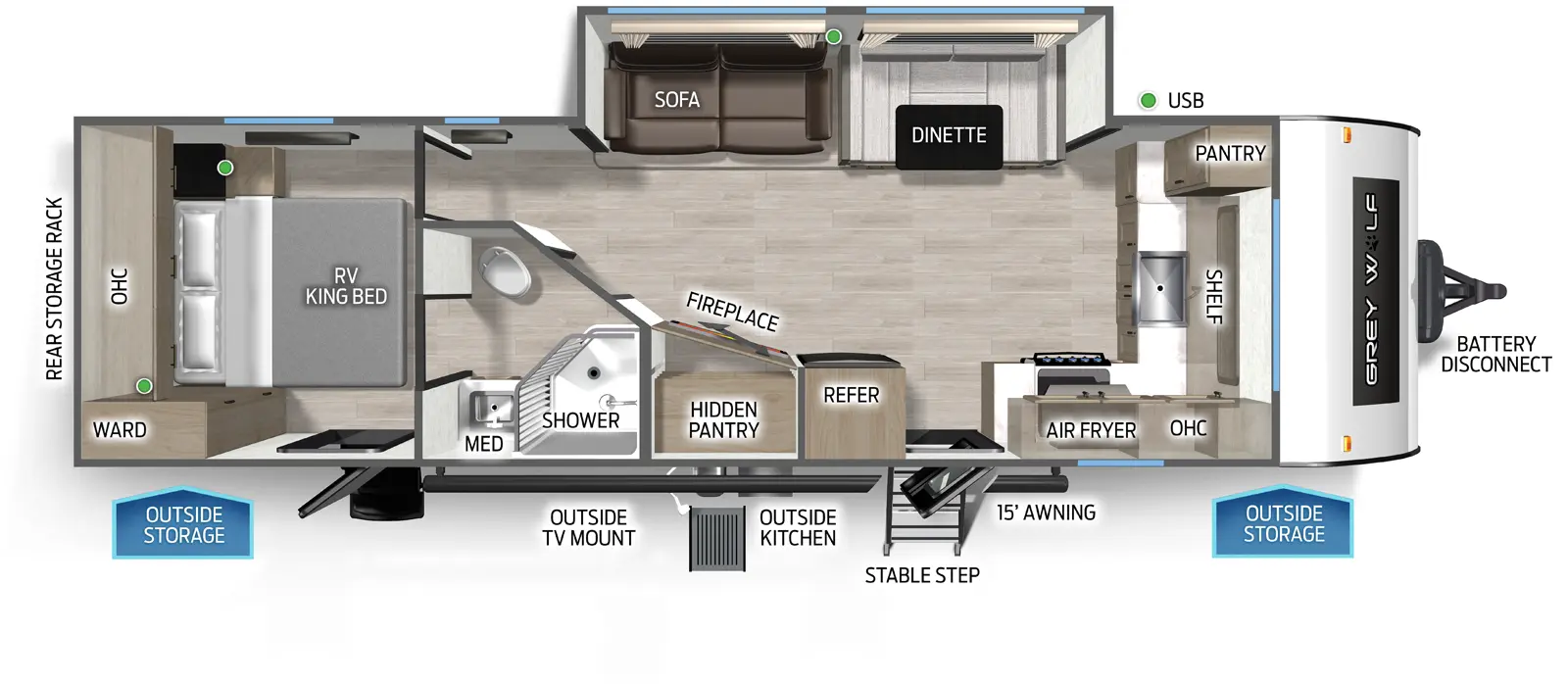 The Grey Wolf 27GH floorplan has two entries and one slide out. Exterior features include: metal exterior, 15' awning and outside kitchen. Interiors features include: front kitchen, u-dinette and rear bedroom.
